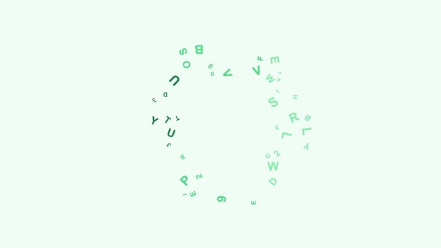 Abstract digital background with a circular frame of light green letters numbers and symbols.