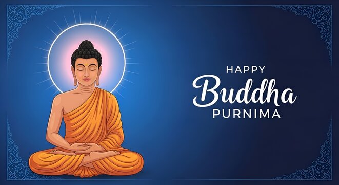 buddha sitting in front of glowing moon for buddha Purnima vector poster