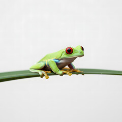 Fototapeta premium A vibrant red-eyed tree frog sitting on a thin green leaf against a solid white background. This exotic amphibian features bright red eyes, a green body, and orange feet.