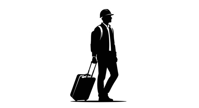 Businessman walking with luggage, traveler silhouette, suitcase icon, travel vector