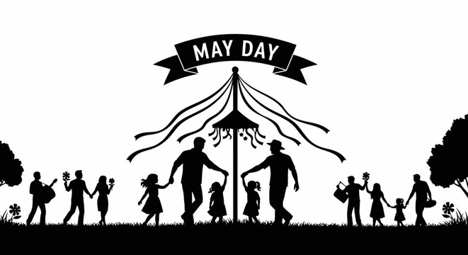 May Day, traditional ribbon dance, black silhouette illustration, festive celebration, ribbon maypole