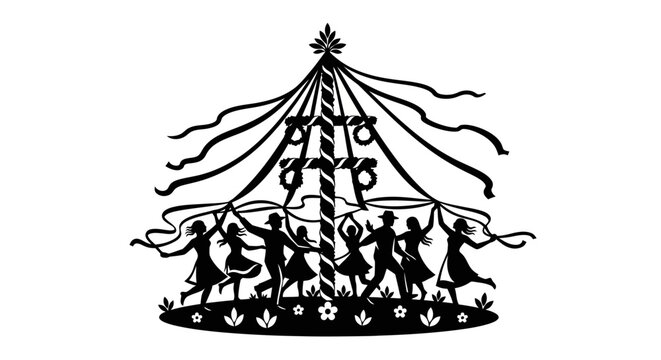 Maypole dance, traditional folk illustration, black silhouette, festive design element, eps vector isolated on White Background