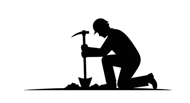 Black silhouette of man digging, kneeling worker with shovel, excavation, laborer icon