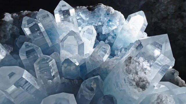 Close up view of multiple icy blue crystals forming a cluster