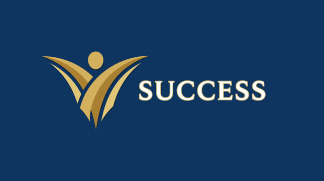 An emblematic logo design symbolizing success, featuring a gold figure rising against a deep blue background, capturing the essence of achievement and triumph in life.
