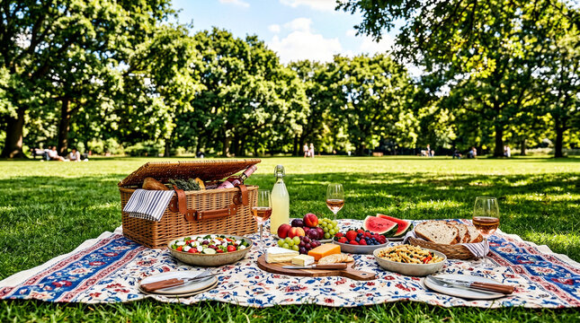 Wicker picnic basket filled with colorful picnic food and fruits on an elegant blanket in a sunny summer day in a neatly cut grassy park scene with trees in the background