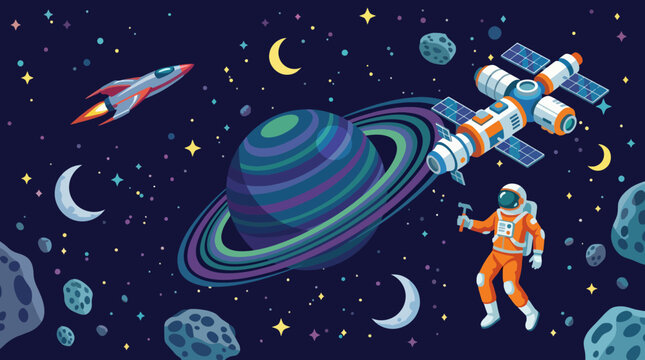 An exciting space adventure showing an astronaut working near a vibrant multi-colored planet, spacecraft, and asteroids, embodying humanity's quest for exploration and discovery.