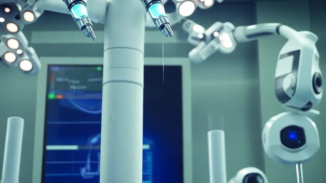 Futuristic operating room with robotic surgical arms and advanced medical technology
