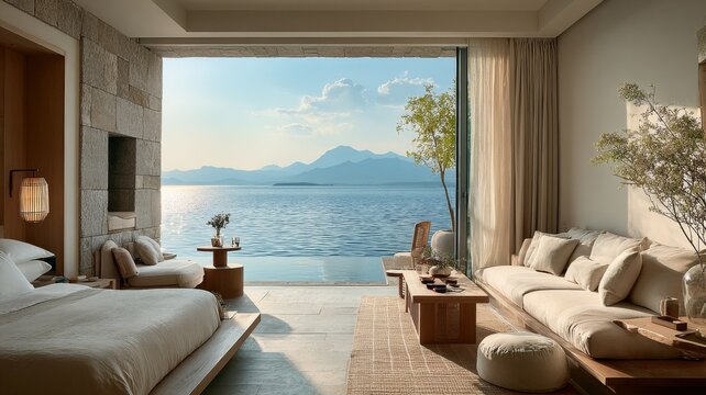 Modern sea view living room sofa scene