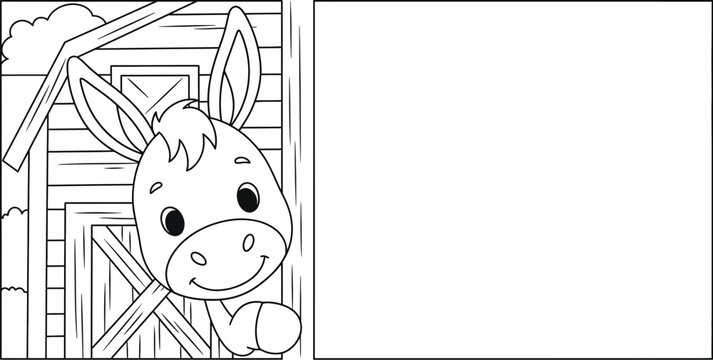 Cute baby donkey in a barn coloring page for kids with copy space