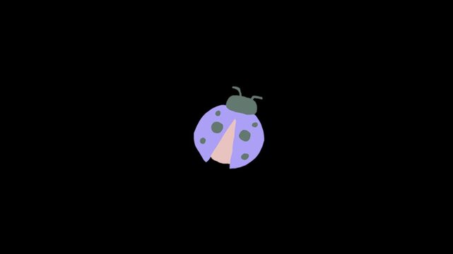 A video showcasing a cartoon ladybug with a green head and purple body against a black background