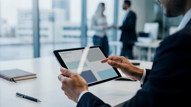 Sharp medium shot of a competitor profile being reviewed on a digital tablet with peripheral office activity intentionally blurred
