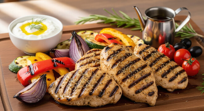 Grilled lamb chops with herbs on rustic wooden board