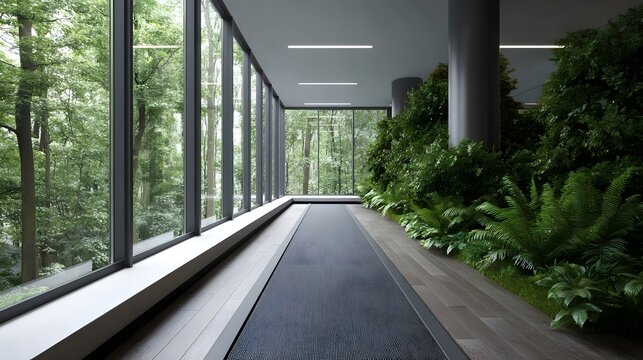 A modern atrium features a pathway bordered by lush natural foliage and expansive glass overlooking a dense forest