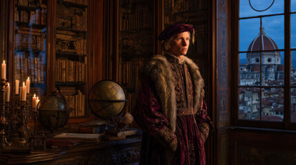 Obraz premium Portrait of a young renaissance nobleman in velvet and fur outfit looking through window at Florence cathedral, historical library interior