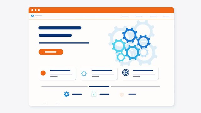 Clean and modern flat animation of a website landing page interface with mechanical gears.  Automation, system processes, and web operations. blue and orange color design. 