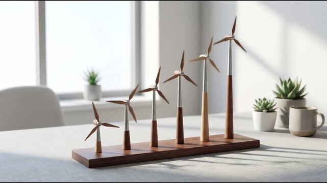Wind turbine bar chart growth concept on executive desk representing renewable energy and ESG business progress