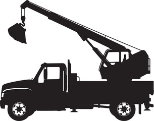Black silhouette of a crane truck with an extended boom and bucket, isolated on white background, also transparent background © BeCoolOk