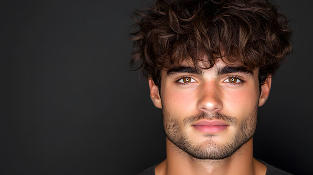 Portrait young man with curly hair, Handsome male face close up, Natural skin texture, Light stubble beard, Dark background headshot, Modern masculine beauty