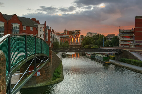 Sunset evening sky above buildings near Birmingham Sherborne Wharf water canal