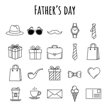 Fathers Day Icon Set Dad Gifts Accessories and Celebration Outline Vector Illustration