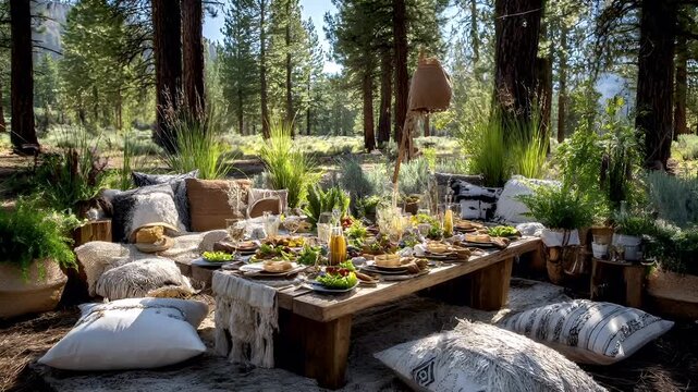 Spring Summer outdoor leisure relaxation activity. A vivid outdoor scene depicts a rustic dining setup in a forest. A wooden table is set with plates, glasses, and a variety of food items.