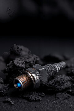 Picture Name: Spark Plug Encased Tar Black Oil Dying Blue Glimmer Weak Spark Matte Suffocating Texture Deep Black Void Industrial Stagnation 