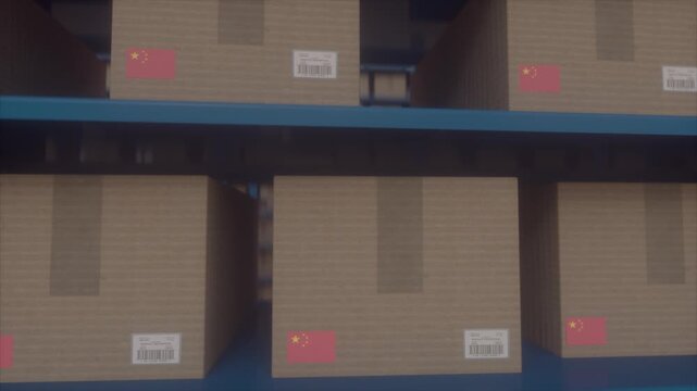 Warehouse Shelves Filled With Cardboard Boxes Marked With China Flag