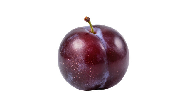 A single ripe dark purple plum with a short green stem, perfectly isolated on transparent background, fresh fruit for healthy eating and culinary designs PNG