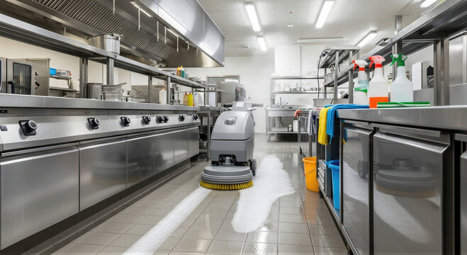 Scrubber machine cleaning floor in professional restaurant kitchen. Commercial floor washer for deep sanitation. Industrial maintenance equipment for hygiene and cleanliness in dining room.