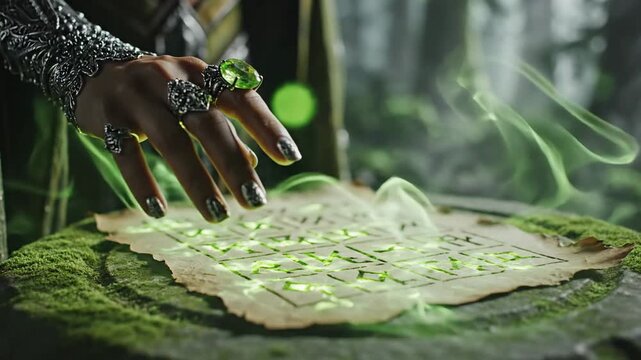 Magical hand casting a spell over an ancient scroll in the forest