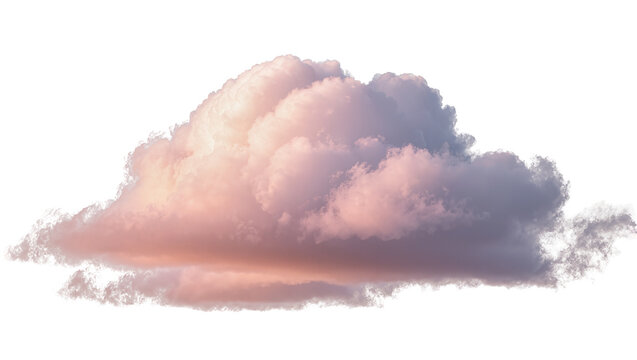 Fluffy cumulus cloud with soft pink, orange, and purple hues, beautifully isolated PNG on transparent background, perfect for weather and sky designs