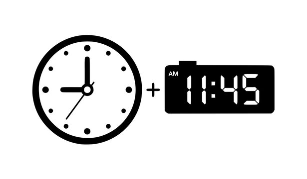 11 45 AM clock vector set with digital and analog time display isolated illustration