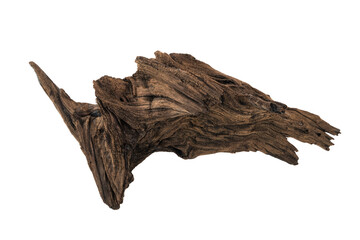 Fototapeta premium Driftwood aged wood isolated on white background. Piece of driftwood driftwood close up for aquarium.