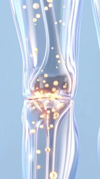 Transparent human knee joint with glowing particles. Medical visualization of articular cartilage regeneration. Biotechnology and modern medical science concept. Vertical video
