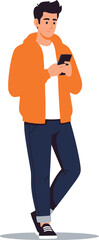 Fototapeta premium A young man in an orange jacket is standing and using his smartphone in a casual pose.