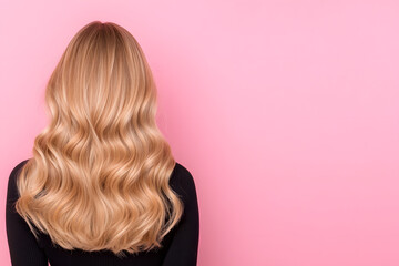 Naklejka premium Back view of blonde woman with long wavy hair, Hair salon beauty concept, Pink background with copy space, Shampoo and hairstyle banner