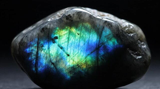 Close up of Labradorite stone displaying colorful iridescence