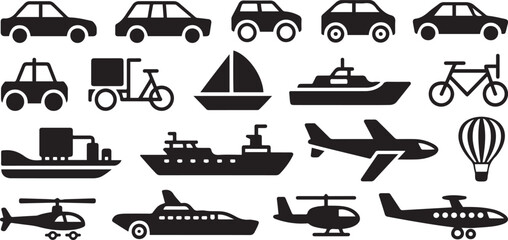 Obraz premium illustrations or silhouettes of land, sea and air vehicles. black icon drawing vector