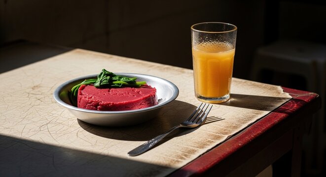 Traditional koki red bean cake with greens and glass of ginger juice on wooden table