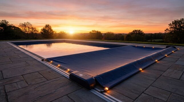 Automatic smart swimming pool cover closing at sunset for safety and maintenance.