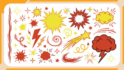 Naklejka premium Collection of Retro Comic Book Pop Art Elements Featuring Colorful Speech Bubbles, Thunderbolt, Explosions, Sparkles and Starburst Vector Illustration Set