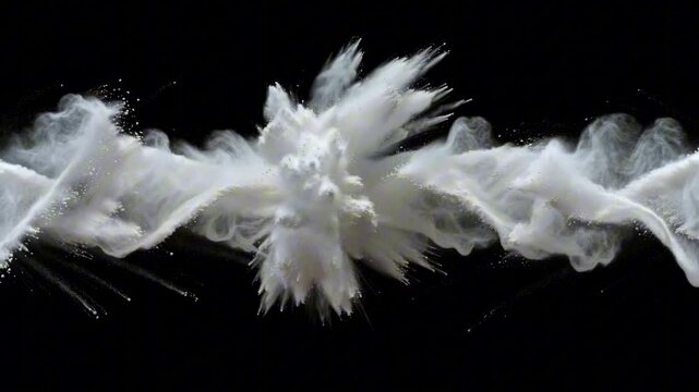 High-speed slow-motion capture of two streams of white powder colliding mid-air against a black background. Each particle visible sharply defined, forming dynamic abstract shapes, waves cloud-like