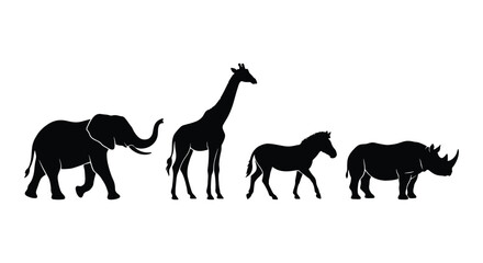 Obraz premium African safari animal silhouettes, black elephant giraffe zebra and rhino vector set, wild savanna fauna collection for logo design