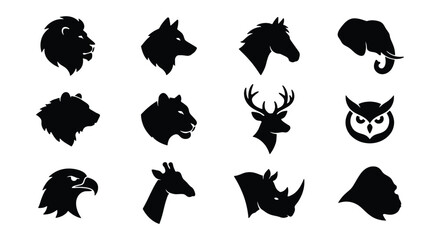 Minimalist wild animal head silhouettes, set of 12 black vector icons, modern wildlife mascot logos including lion, wolf, eagle, and elephant © MD