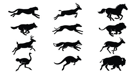 Running animal silhouettes set, collection of 12 black wild animal icons in motion, fast galloping wildlife vector graphics for logos and design © MD