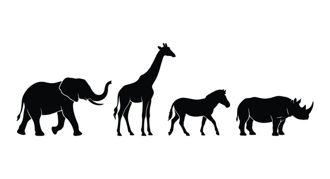 African safari animal silhouettes, black elephant giraffe zebra and rhino vector set, wild savanna fauna collection for logo design