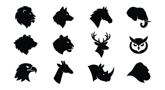 Minimalist wild animal head silhouettes, set of 12 black vector icons, modern wildlife mascot logos including lion, wolf, eagle, and elephant