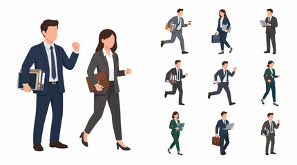 Obraz premium A collection of diverse business professionals in formal attire, depicted in various dynamic poses, conveying movement and activity in a corporate setting.