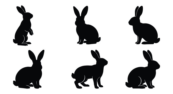 Black rabbit silhouette collection, set of 6 bunny vector icons in various poses, minimalist hare outlines for Easter and nature design